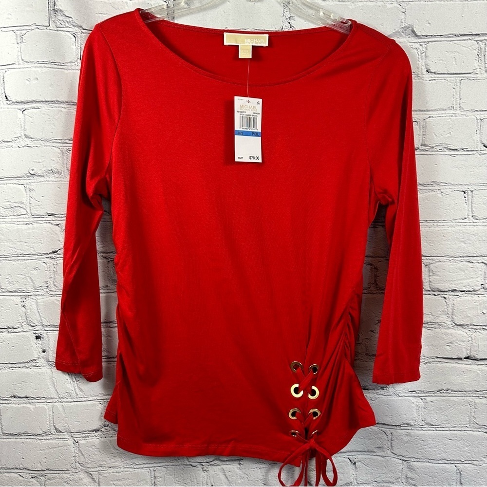 Michael Kors Basics Petite Top 3/4 Sleeve Gold Accent Ruched Crimson Red XLP NWT